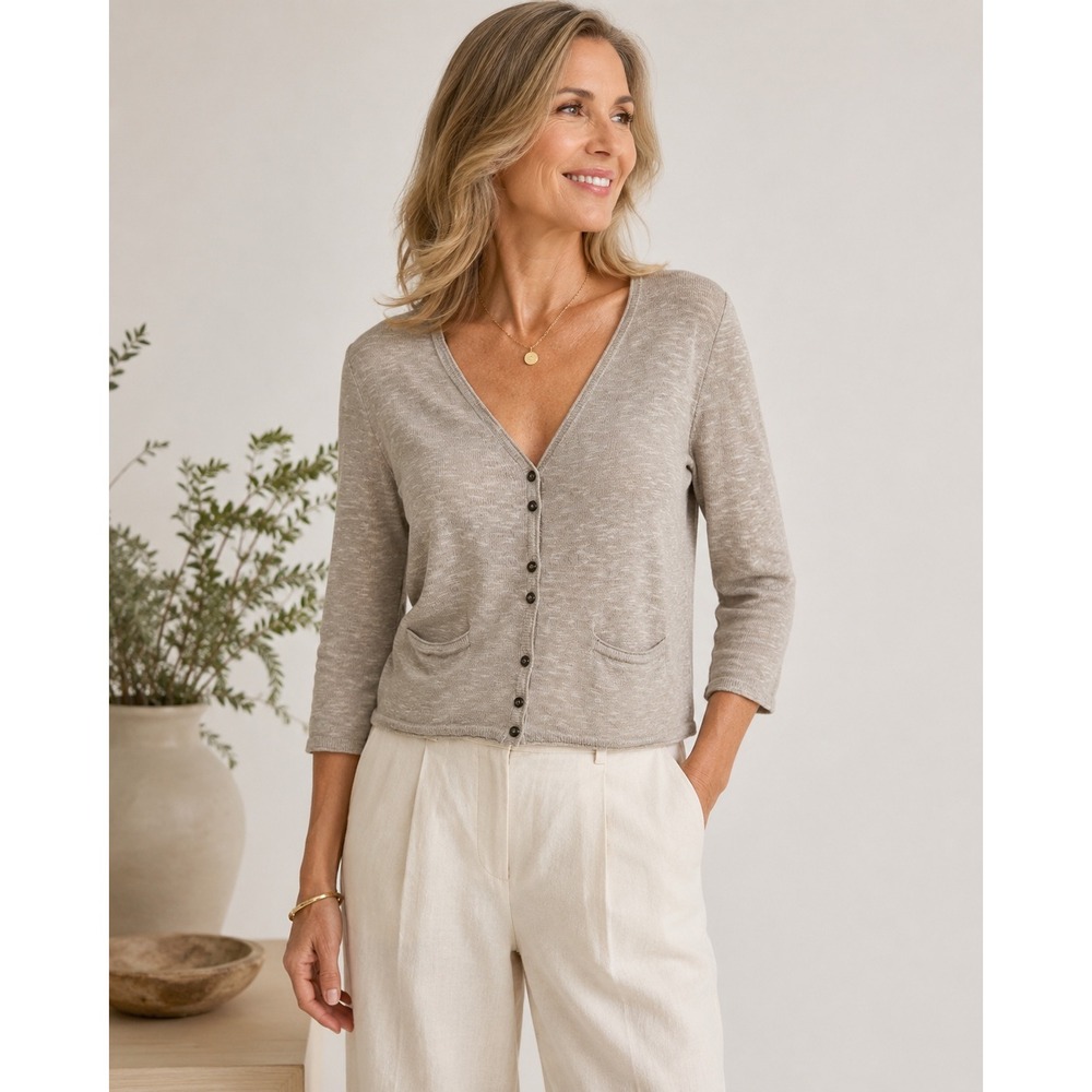 Eileen Fisher Woman Linen Cotton V Neck Cardigan PL Beige Slub Knit